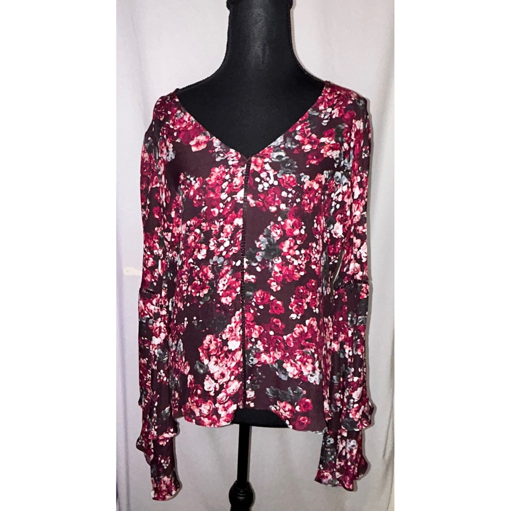 Parker Rosy Bluebonnet Silk‎ Floral Blouse V Neck Bell Sleeve Burgundy Small